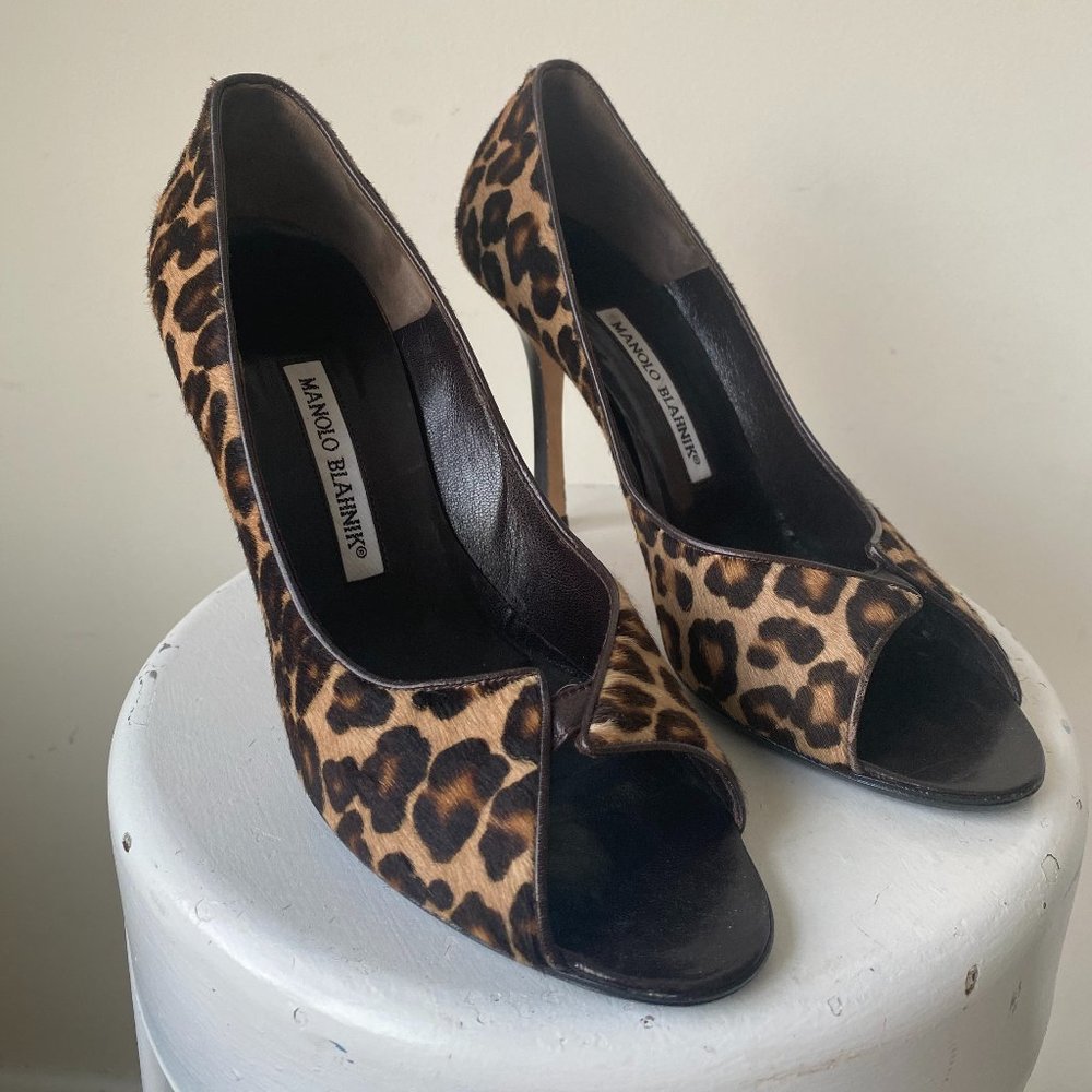 Manolo Blahnik Leopard Print Open Toe Heels | Calf Hair Leopard | 38.5 | 7.5